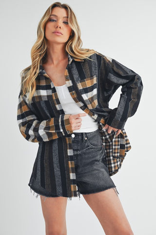 AEM+Co Curved Hem Plaid Button Up Shirt