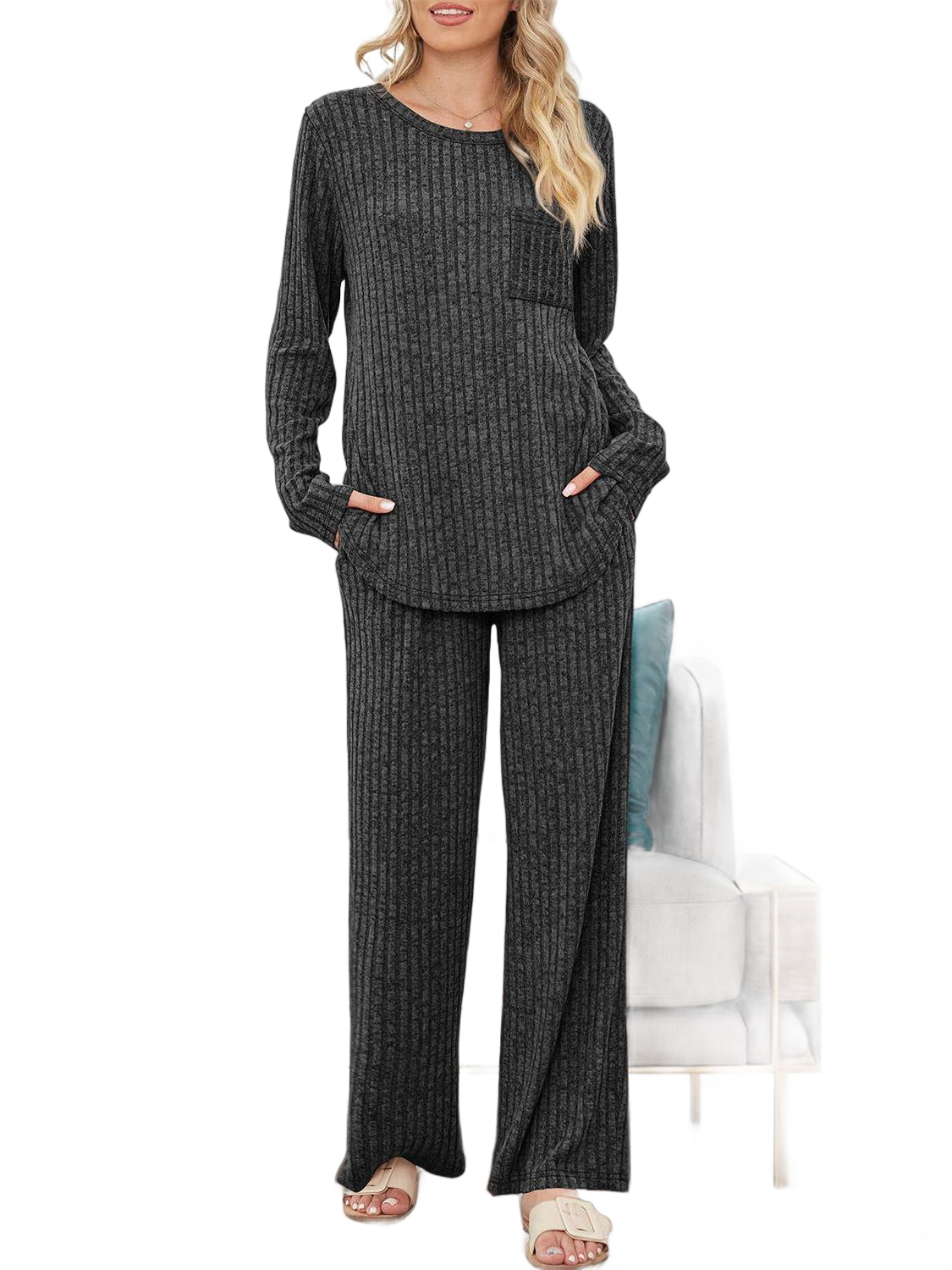 Round Neck Long Sleeve Top and Pants Set