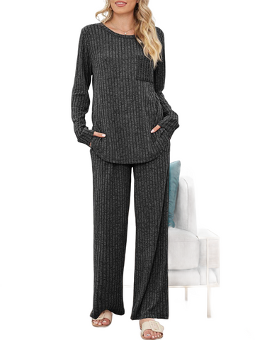 Round Neck Long Sleeve Top and Pants Set