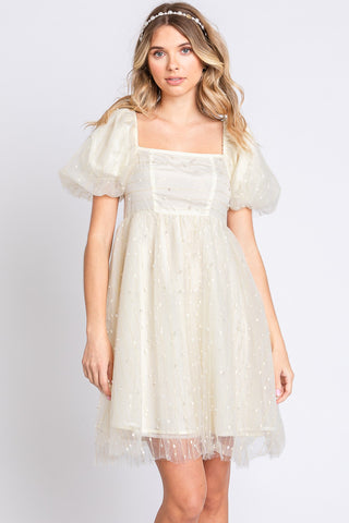 Pearl Mesh Puff Sleeve Baby doll Dress