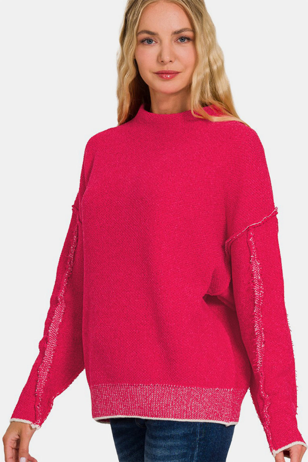 Ze nana Exposed Seam Mock Neck Long Sleeve Sweater