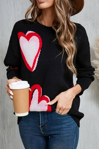 Heart Round Neck Long Sleeve Sweater