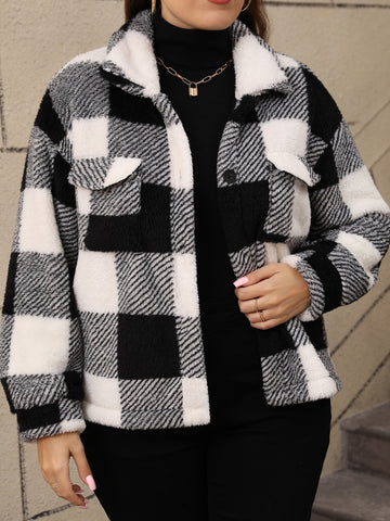 Plus-Size Pocketed Plaid Collared Neck Jacket