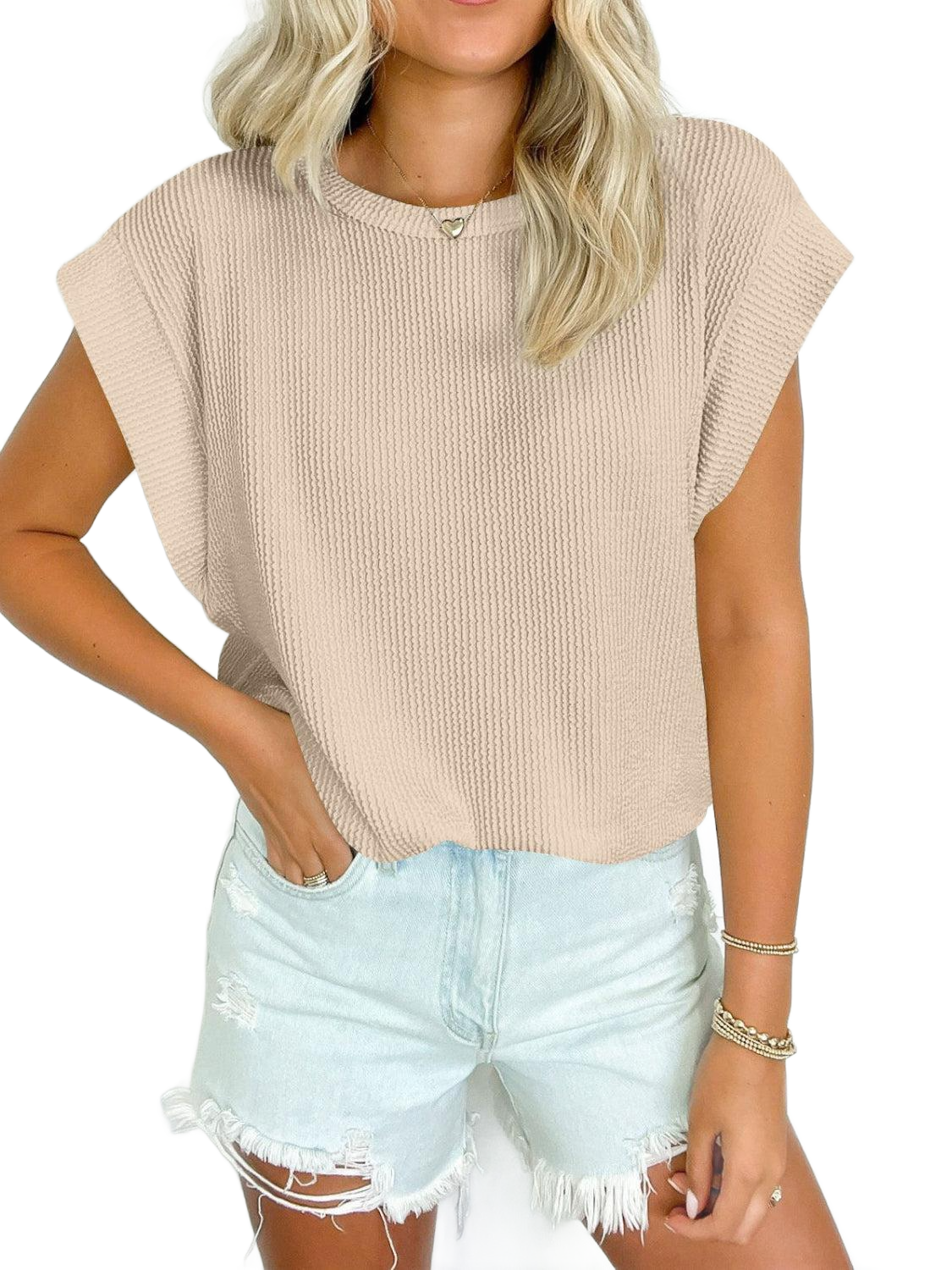 Textured Round Neck Cap Sleeve Blouse