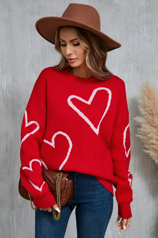 Heart Dropped Shoulder Long Sleeve Sweater