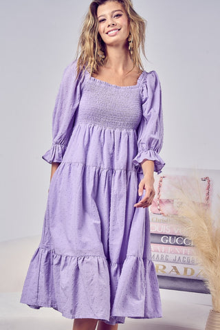 Flounce Sleeve Smocked Tiered Midi Dress