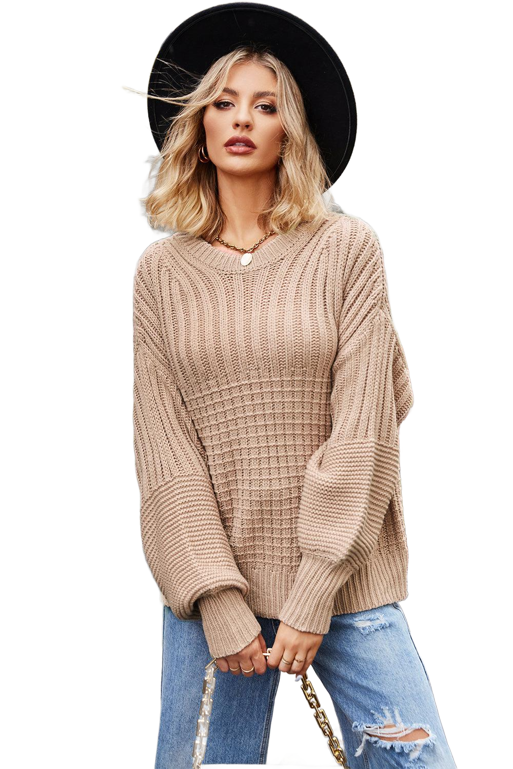 Ribbed Drop Shoulder Lantern Sleeve Sweater