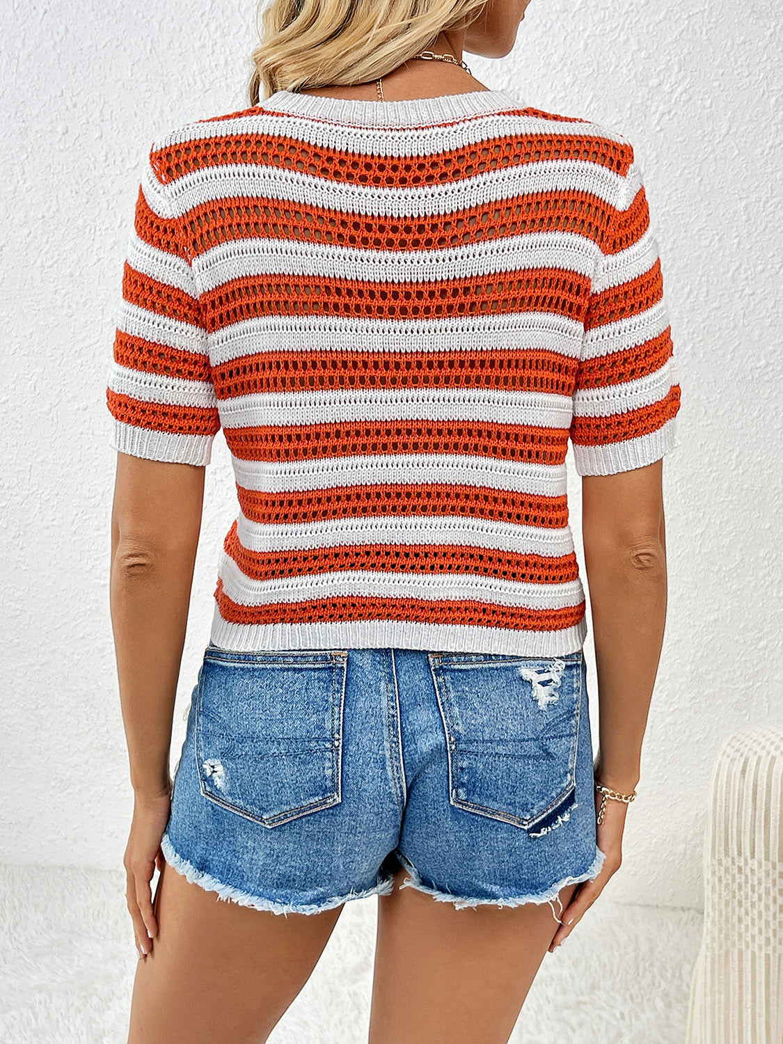 Striped Round Neck Short Sleeve Knit Top