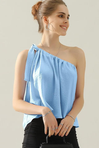 Nine xis One Shoulder Bow Tie Strap Satin Silk Top