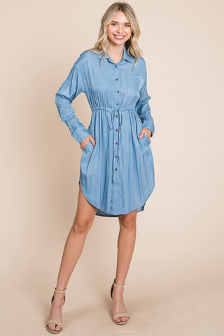 Button Up Drawstring Shirt Dress