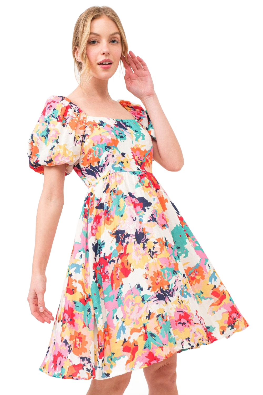 Square Neck Puff Sleeve Floral Dress