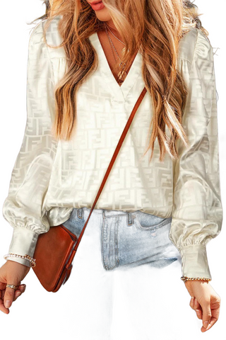 Geometric V-Neck Long Sleeve Blouse