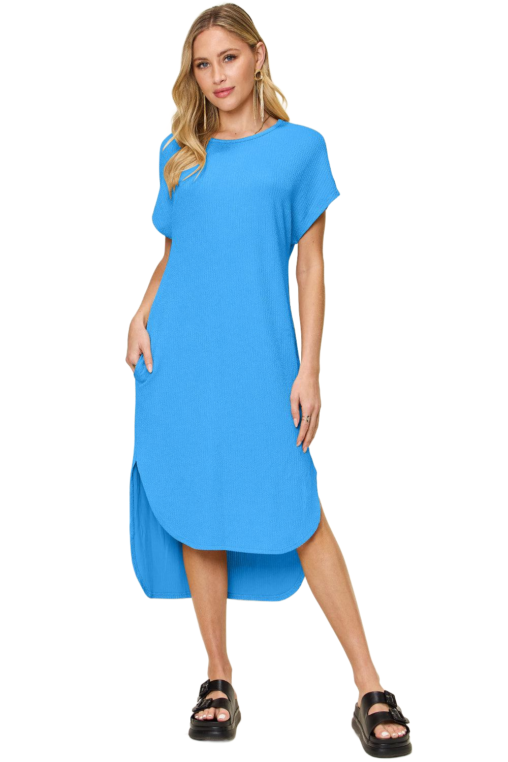 Full Size Round Neck Short Sleeve Slit Dress