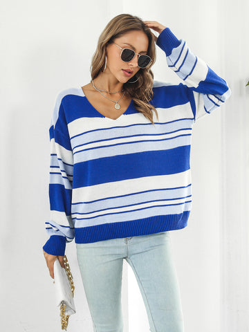 Striped V-Neck Long Sleeve Knit Top