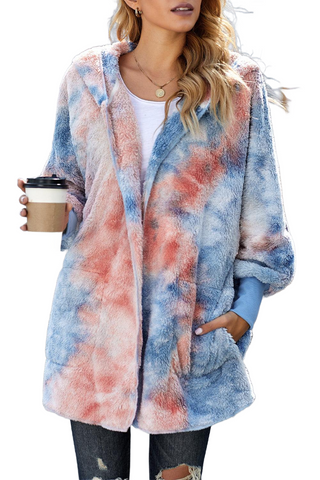 Tie-Dye Plush Hooded Jacket with Pockets