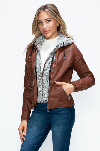 MI Faux Layered Double-Zipper Jacket with Fuzzy Hood