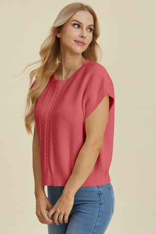 Full Size Cable-Knit Round Neck Short Sleeve Sweater