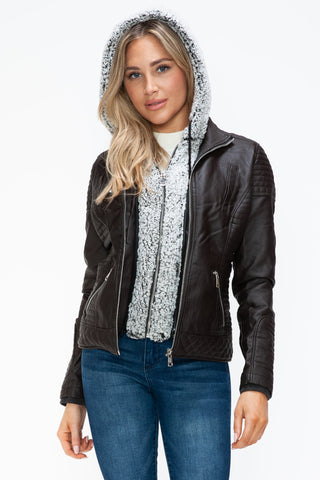 MI Faux Layered Double-Zipper Jacket with Fuzzy Hood