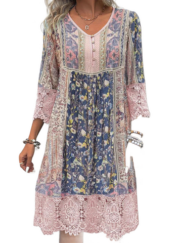 Full Size Lace Detail Printed Three-Quarter Sleeve Dress