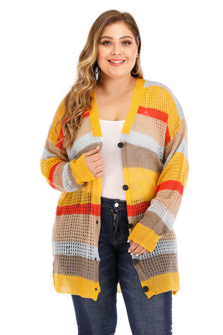 Plus  Color Block Button Up Cardigan