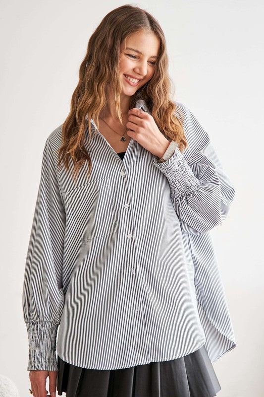 ADORAL High-Low Striped Button Down Smocked Lantern Sleeve Shirt