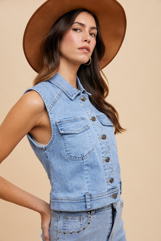 Collared Neck Button Down Denim Vest