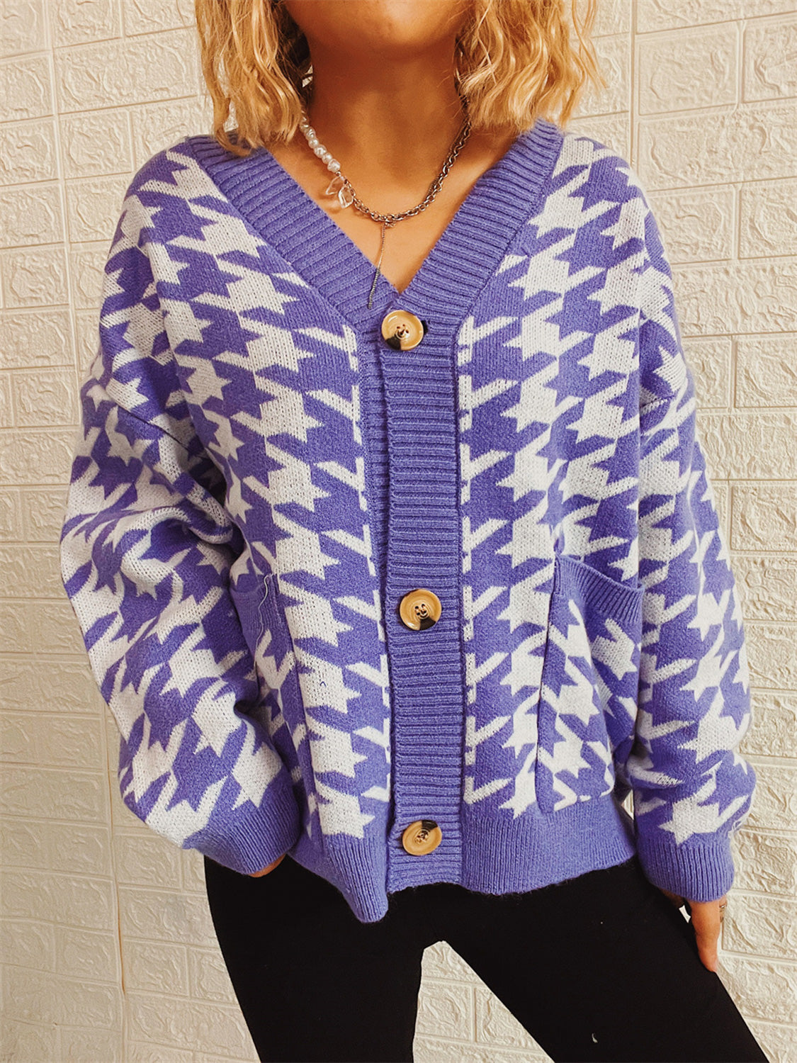 Hounds tooth Bottom Front  Cardigan with Pockets