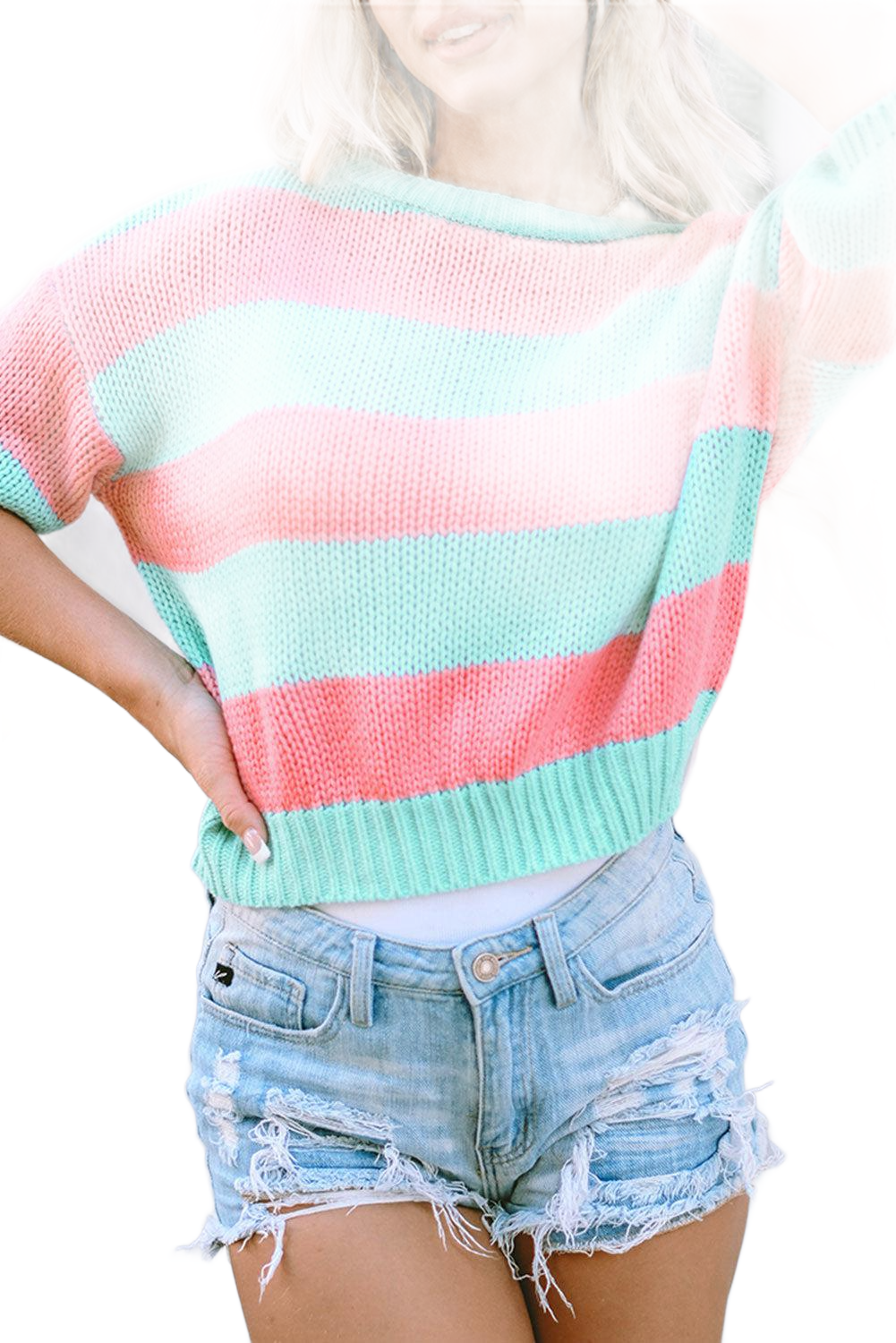 Color Block Round Neck Half Sleeve Sweater