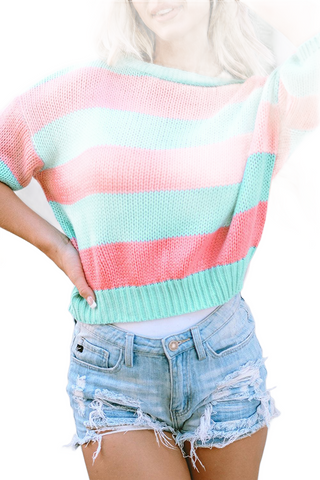 Color Block Round Neck Half Sleeve Sweater