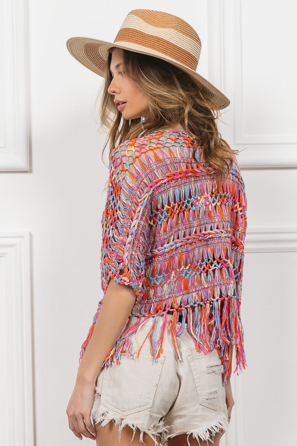 Bib Open Front Fringed Crop Knit Cardigan