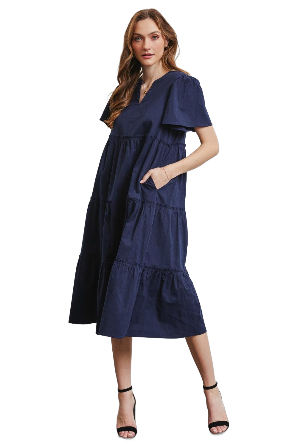 Full Size Cotton Poplin Ruffled Tiered Midi Dress