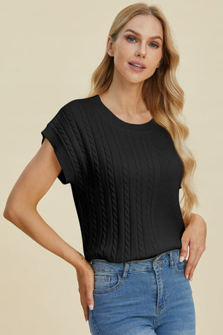 Full Size Cable-Knit Round Neck Short Sleeve Sweater