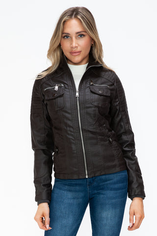 PMI Removable Faux Layered Multi-Pocket Jacket with Fuzzy Hood