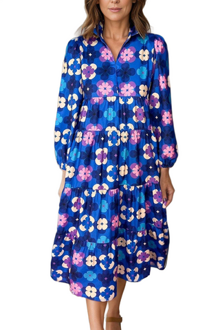 Printed Collared Neck Long Sleeve Midi Dress