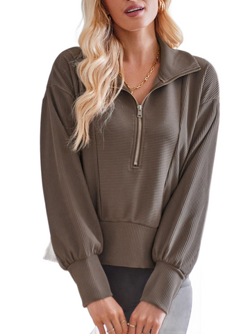 Ribbed Half Zip Collared Neck Sweatshirt