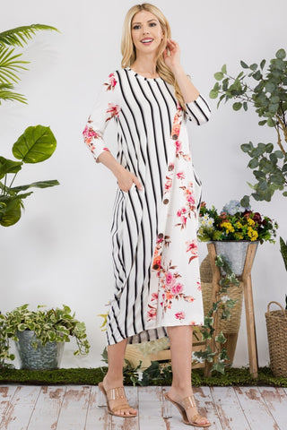 Full Size Floral Striped Contrast Midi-Dress with Pockets