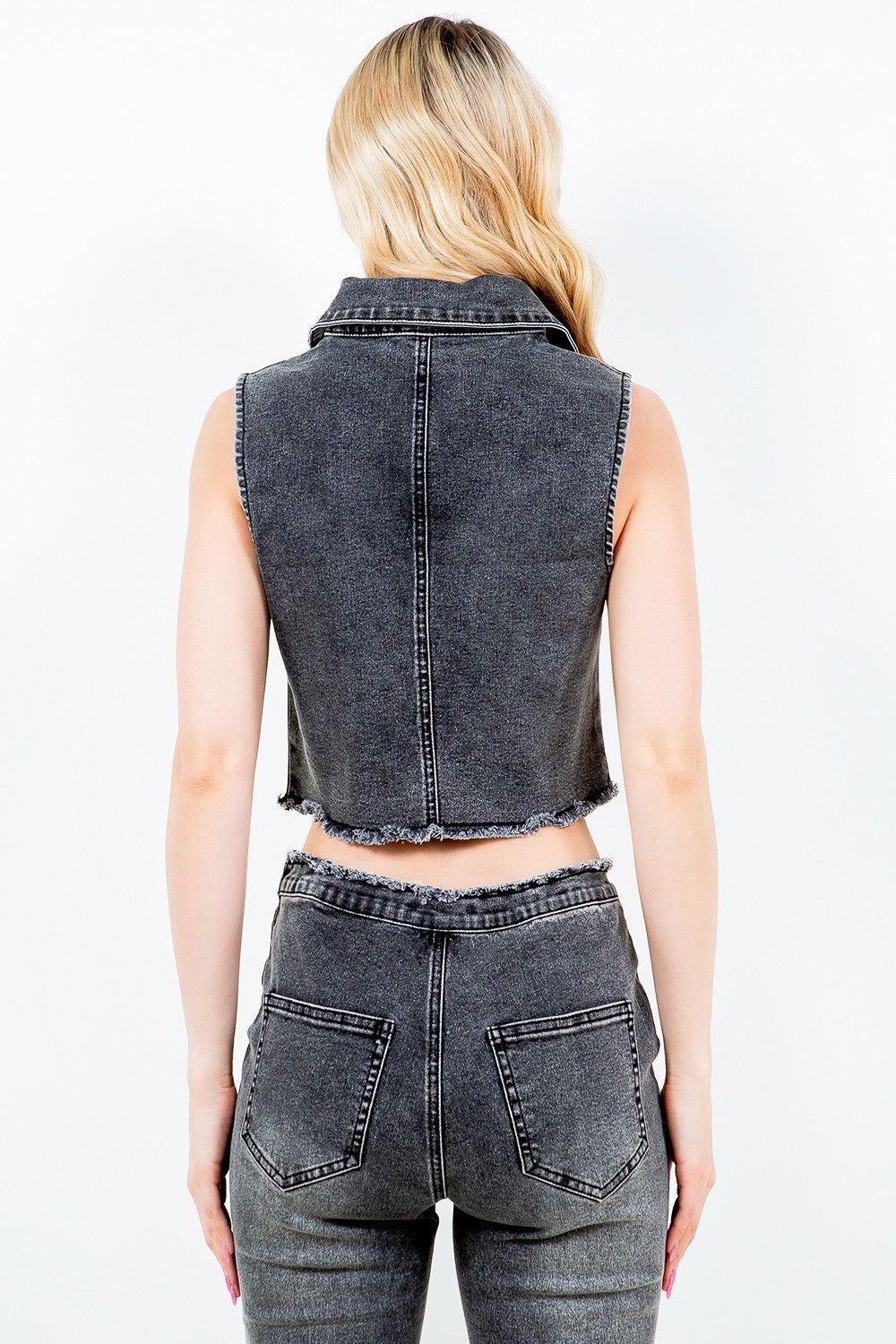 American Bazin Zip Up Washed Crop Denim Vest