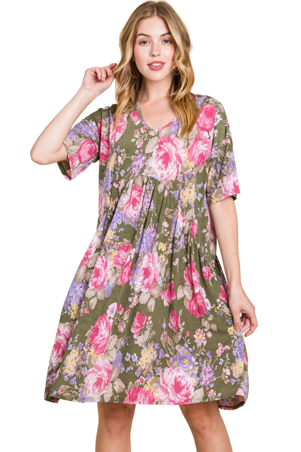 Flower Print V-Neck Ruched Dress