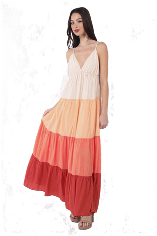 Color Block Tiered Maxi Came Dress