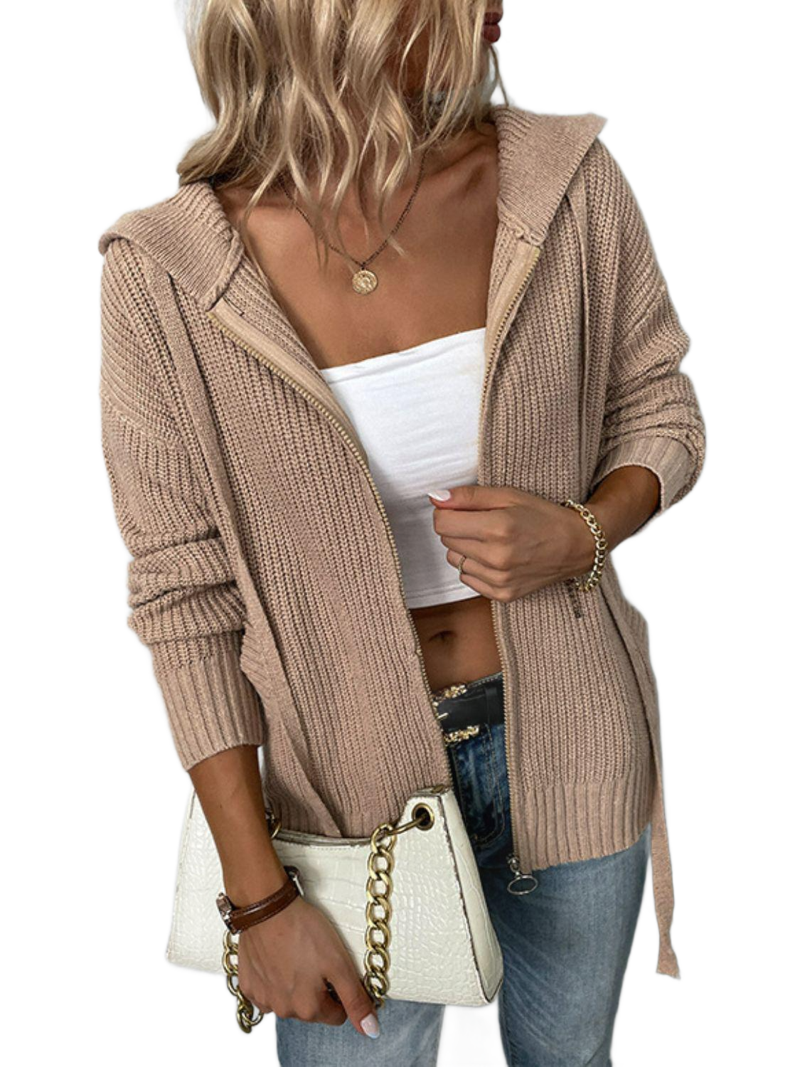 Zip-Up Drawstring Detail Hooded Cardigan