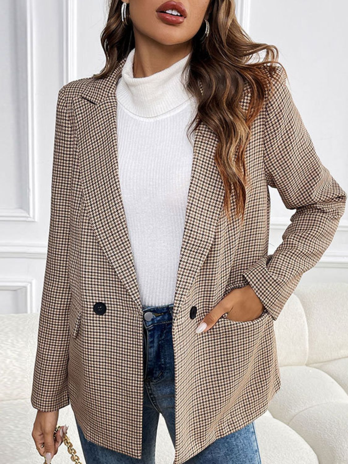 Plaid Lapel Collar Long Sleeve Blazer