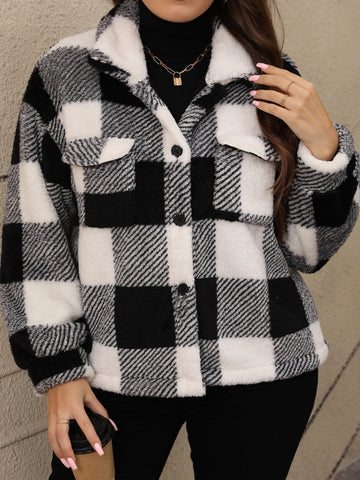 Plus-Size Pocketed Plaid Collared Neck Jacket