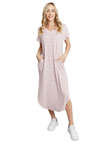 Full Size Horizontal Stripe Side Slit V-Neck Dress