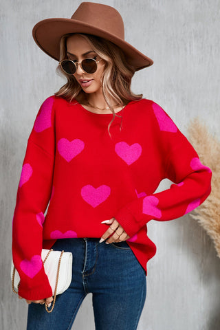 Heart Round Neck Dropped Shoulder Sweater