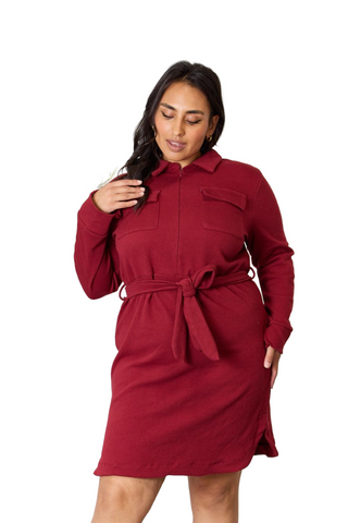 Full Size Tie Front Half Zip Long Sleeve Shirt Dress