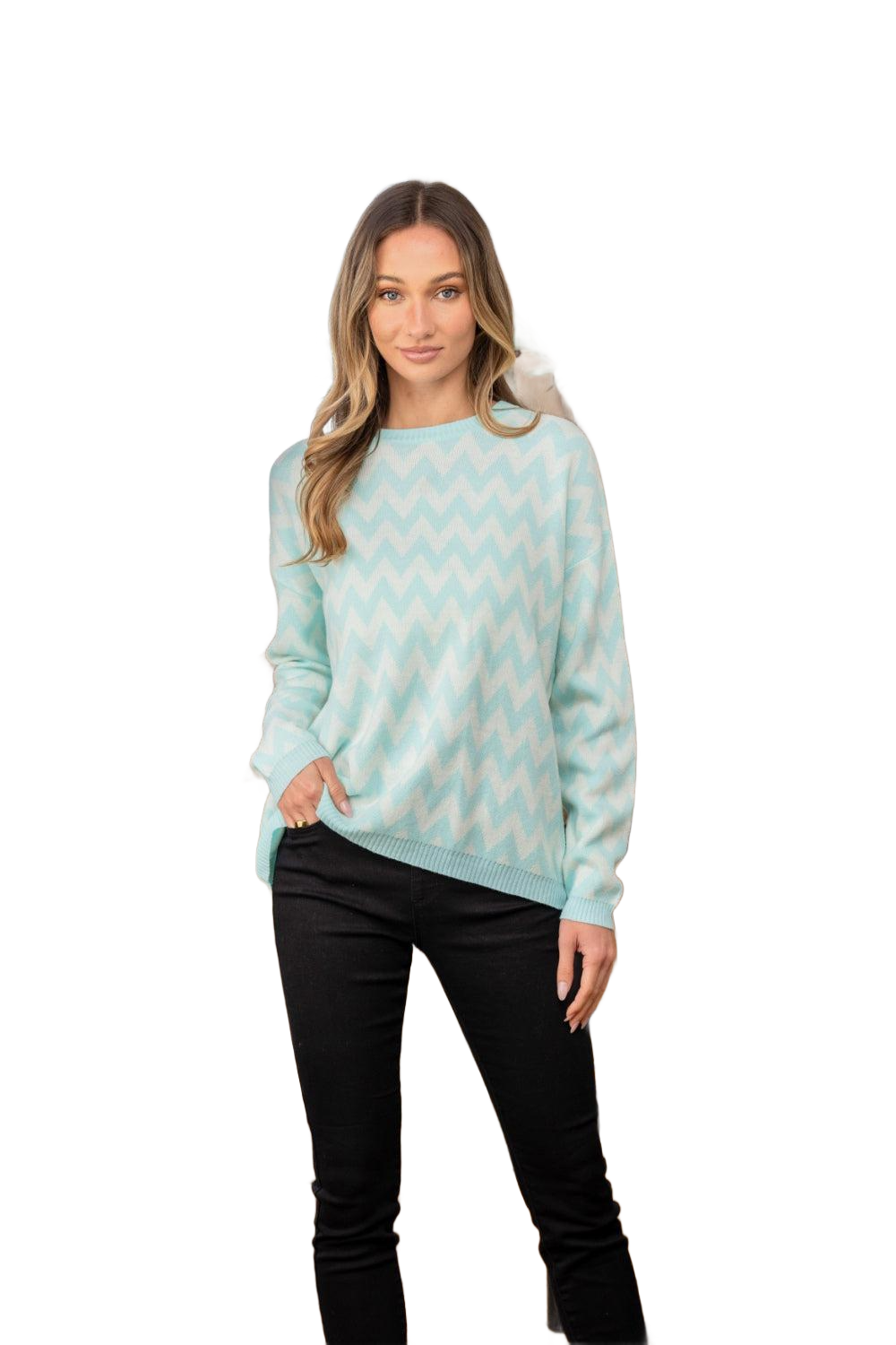 Full Size Wave Stripe Contrast Long Sleeve Sweater