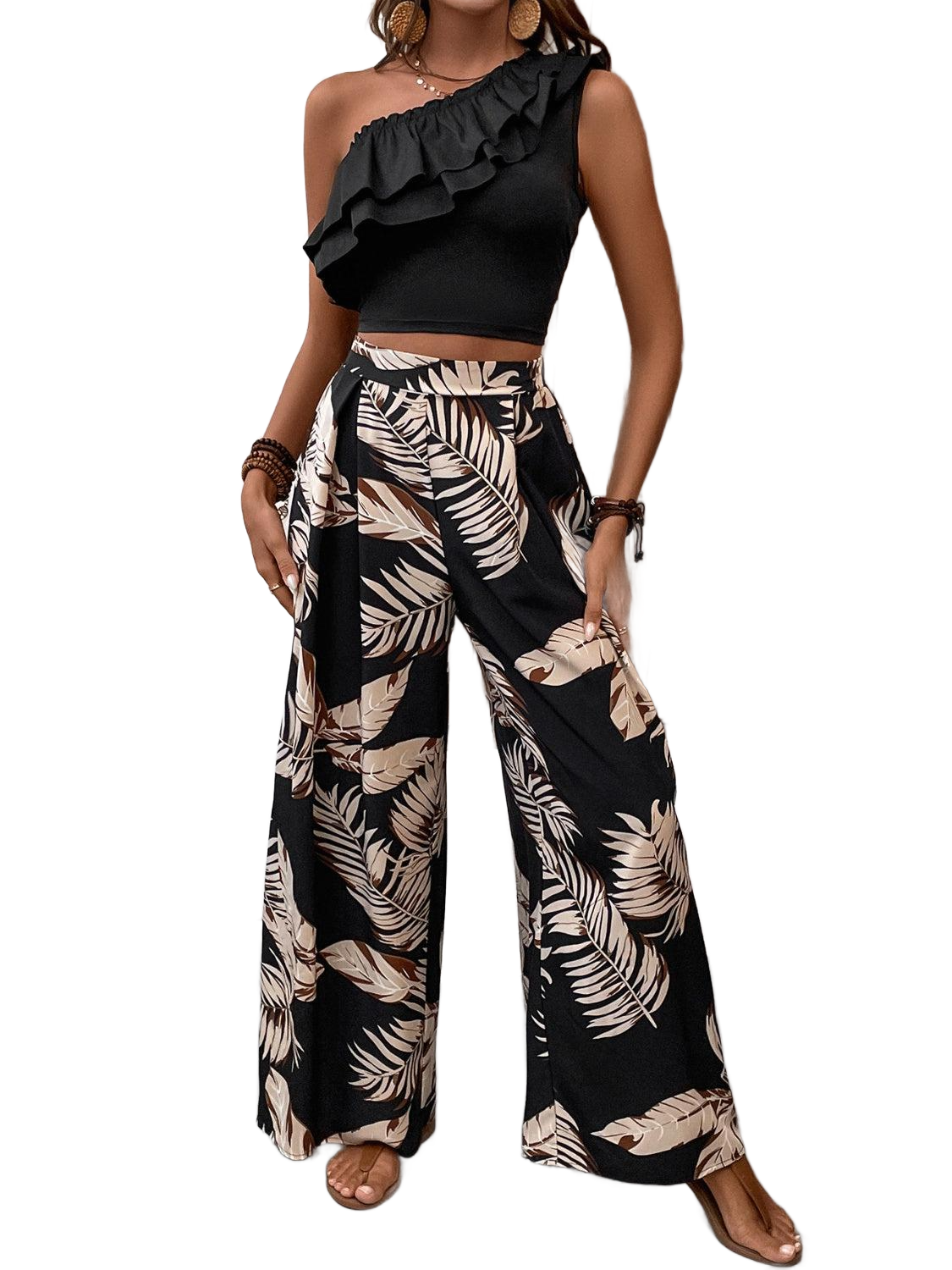 Ruffled Sleeveless Top and Printed Pants Set