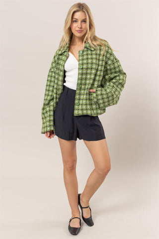 HAVE Tweed Plaid Button Up Collared Neck Jacket