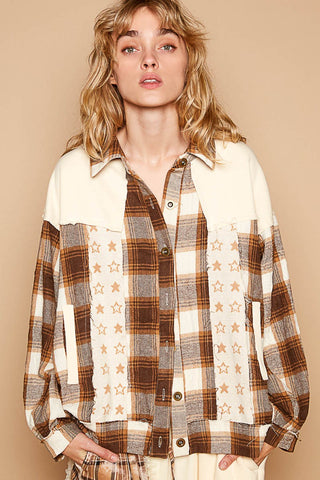 POL Plaid & Star Patchwork Contrast Long Sleeve Shocket