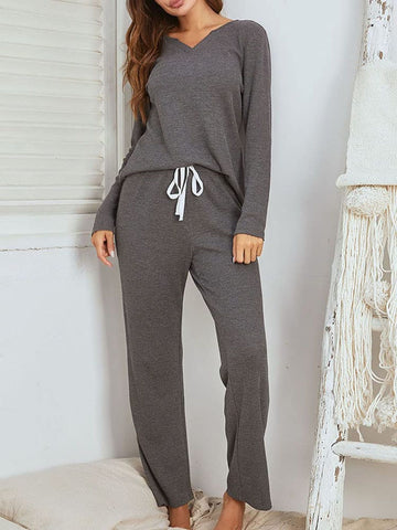 Notched Long Sleeve Top and Pants Set